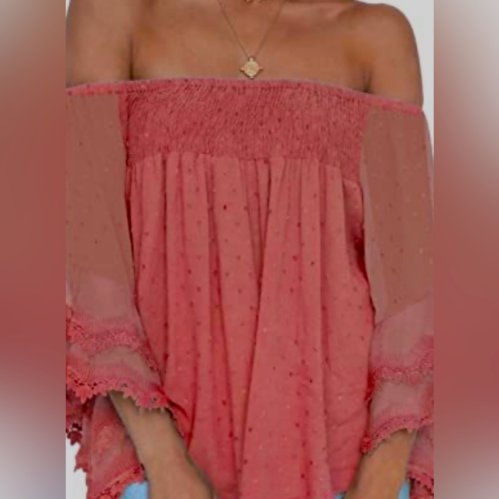 NWOT Ekaliy Off Shoulder Top Solid Long Bell Sleeves Lace Chiffon Casual Blouse